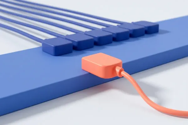 Siete conectores azules iguales, enchufados en fila en una placa azul con los cables saliendo en abanico, y uno coral encajado aparte, con el cable cayendo suelto hasta salir del encuadre.