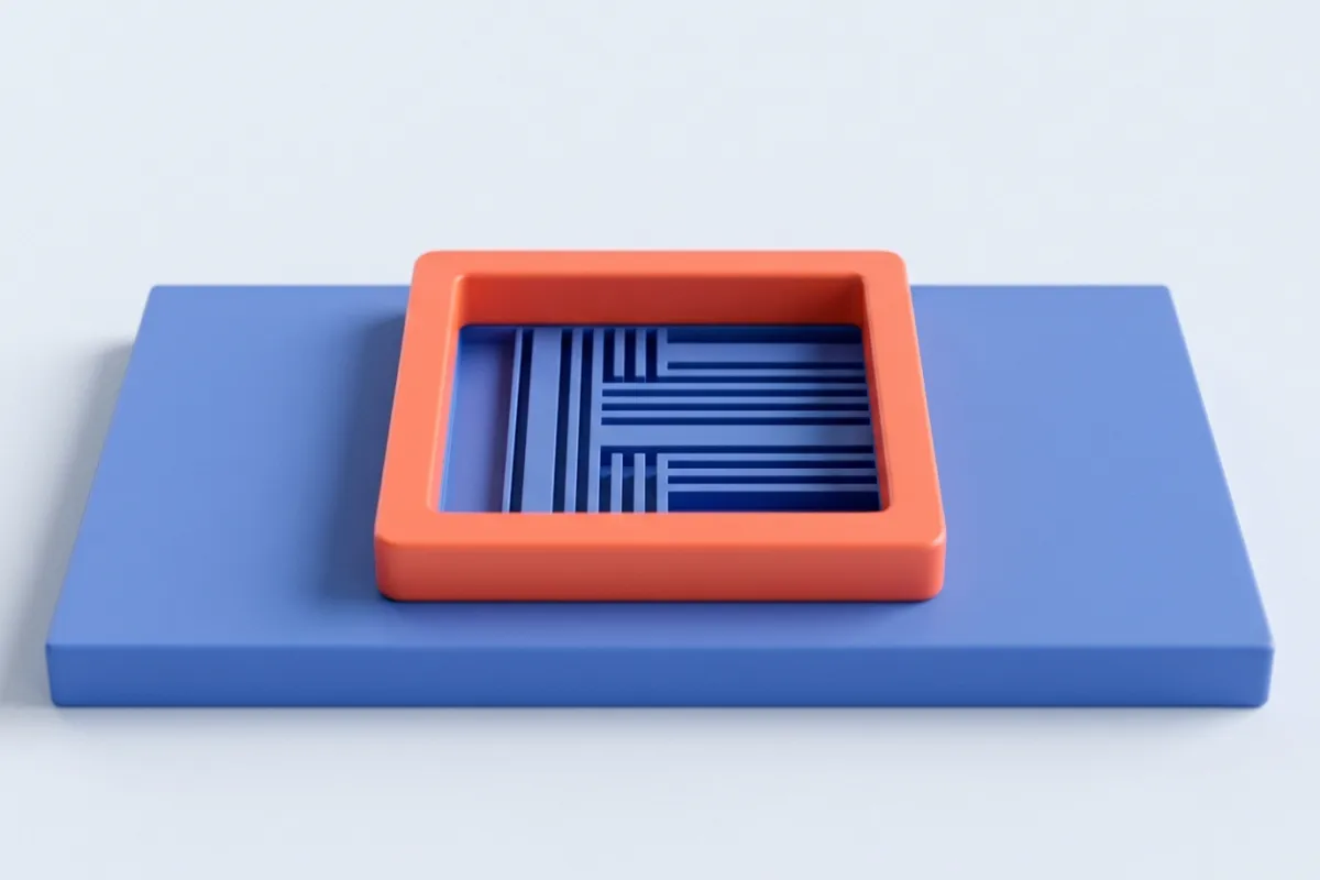 Una placa azul lisa con un visor rectangular de marco coral apoyado encima: dentro del visor, la misma placa muestra un relieve de surcos que fuera de él no se ve.