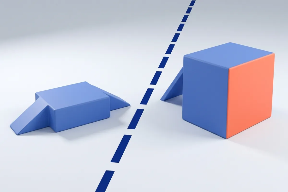 Dos plataformas azules separadas por una línea discontinua: la primera tiene una rampa a cada lado para subir y bajar; la segunda, más alta, solo tiene rampa de entrada y su otro lado es una pared coral sin salida.