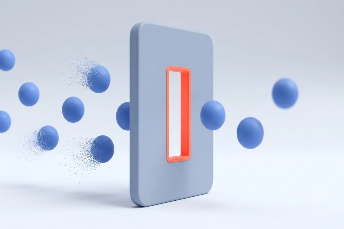 Ilustración en 3D: una placa gris vertical con una ranura estrecha de borde coral. A la izquierda se acercan esferas azules y dos se deshacen en partículas; a la derecha, las que han pasado siguen enteras. Fondo gris claro, sin texto.