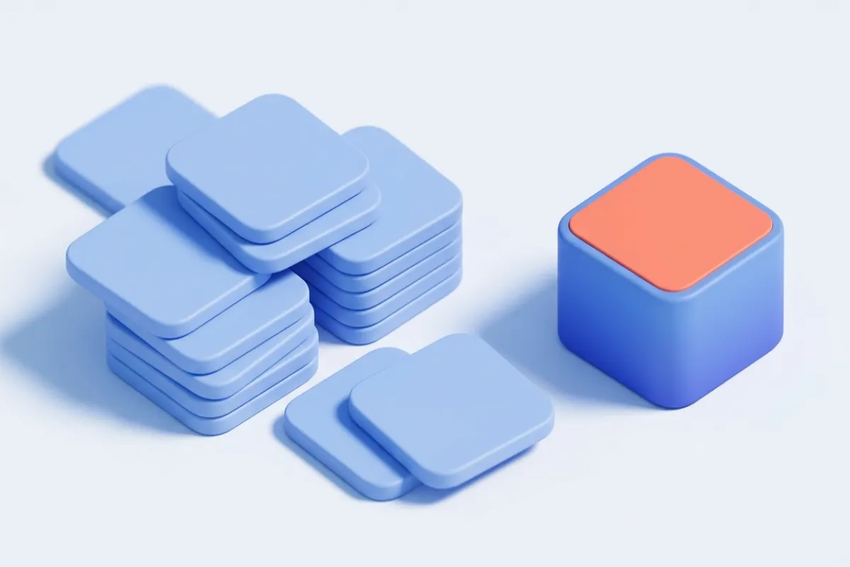 Varios montones de baldosas azules planas e iguales, apiladas y esparcidas sobre un fondo claro, y a la derecha una sola pieza maciza del mismo azul con la cara superior naranja.