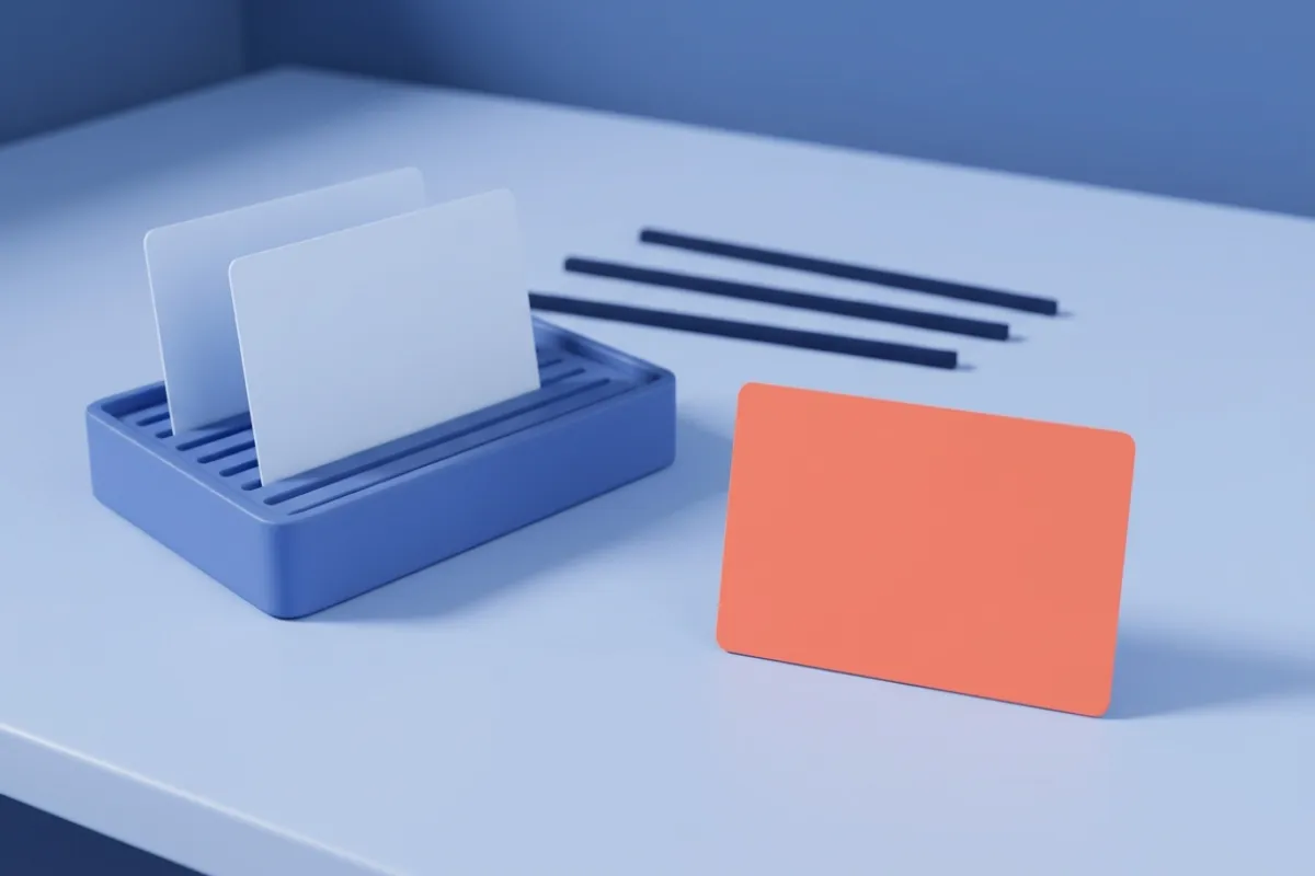 Sobre una mesa azul claro, una bandeja azul con ranuras sostiene de pie dos tarjetas claras; delante, apoyada en plano, una tarjeta coral, y al fondo tres listones oscuros paralelos que se alejan.