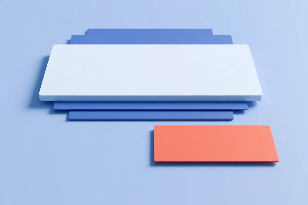 Ilustración en tres dimensiones: sobre un fondo azul claro, una hoja gruesa y clara tapa tres láminas azules finas, de las que solo asoman franjas estrechas. Delante, a la derecha, una cuarta lámina de color coral está entera a la vista.