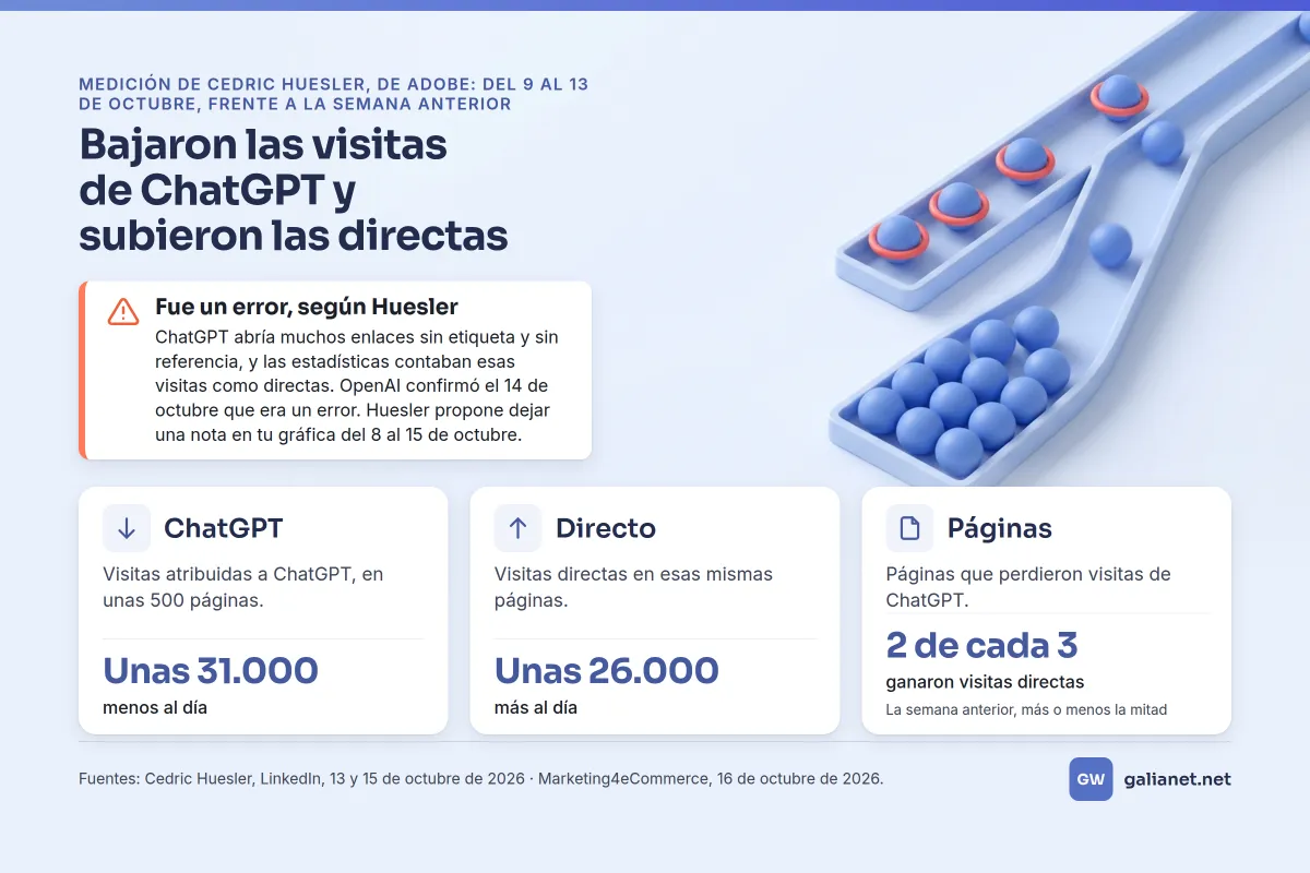 Infografía con la medición de Cedric Huesler del 9 al 13 de octubre, en unas 500 páginas: unas 31.000 visitas menos al día atribuidas a ChatGPT y unas 26.000 directas más; en 2 de cada 3 páginas subieron las directas.