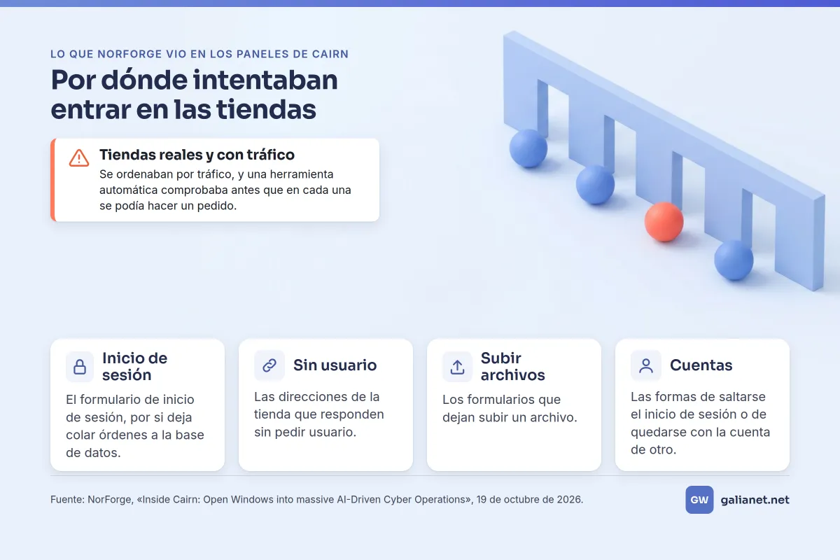 Infografía con las cuatro puertas que, según NorForge, probaban en tiendas reales y con tráfico: el inicio de sesión, las direcciones sin usuario, los formularios de subir archivos y quedarse con la cuenta de otro.