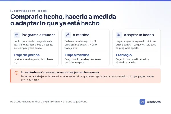 Tres tarjetas comparan el programa estándar (traje de percha), el software a medida (traje a medida) y adaptar lo ya hecho (el arreglo), con un aviso: lo estándar es lo sensato cuando se juntan tres cosas.