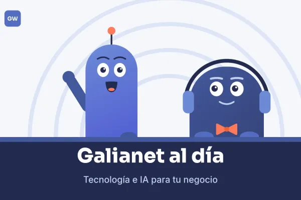 Nora y Brais, los dos presentadores de Galianet al día, en su plató, con el nombre del programa debajo