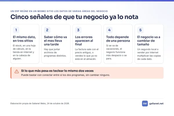 Infografía con cinco señales de que tu negocio ya nota la falta de un ERP: el mismo dato en tres sitios, el mes que lleva una tarde, los errores al final, todo en una persona y un negocio que cambia de tamaño.