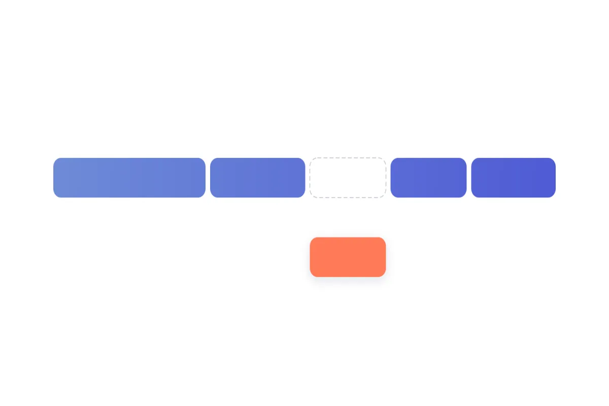 Una banda horizontal de cinco posiciones: cuatro segmentos azules redondeados y, en la tercera, un hueco vacío de contorno discontinuo; la pieza retirada reposa debajo, entera, en color coral.